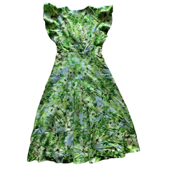 Maison Tara Women's Green Floral Ruffle Sleeve CutOut Waist Midi Dress Size 4 - Picture 6 of 14